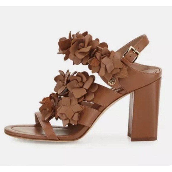 Tory Burch Women's Brown 65 mm Nappa Leather Blossom Heel Block Sandal 7.5M 350$ - Picture 2 of 16